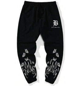 Resim Legnd Fire & Letter Graphic Drawstring Waist Eşofman Altı Siyah 