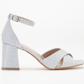 Resim Büyük Numara Kadın Topuklu Sandalet Çapraz Gümüş Bantlı Baretli-3861 Gümüş 