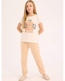 Resim DeFacto Kız Çocuk Pijama Takımı Baskılı Kısa Kollu Üst Beli Lastikli Uzun Alt E0543A825SMER85 Ekru 
