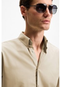 Resim Grimelange RISTO Erkek Düğmeli Yıkama Sonrası Ütü İhtiyacını En Aza İndiren Kumaş Gömlek Yaka Manşetli Bej Göml 