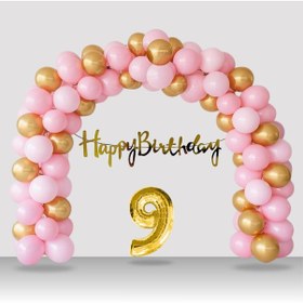 Resim 9 Yaş Retro Gold Pembe Balon Happy Birthday Banner Gold Rakam Doğum Günü Süsleme Çok Renkli 