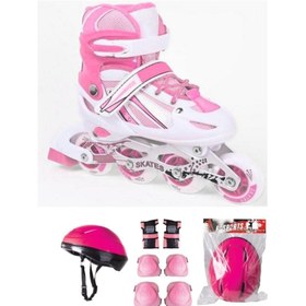 Resim Kız Çocuk Pembe Çift Sıra Ayarlanabilir Alıştırma Pateni Kask Ve Dizlik Seti 