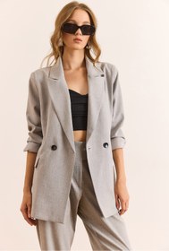 Resim Olalook Kadın Açık Gri Astarlı Çift Düğmeli Poliviskon Blazer Ceket CKT-19000465 