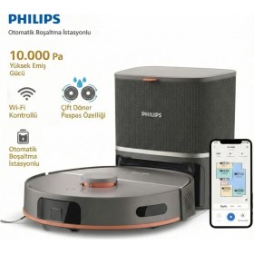 Resim Philips 10.000 Pa Rekor Emiş Gücü ve Çift Döner Paspaslı Robot Süpürge Leke Çıkarıcı Mop Teknolojisi Küçük Engel Algılama ve Lazer Navigasyon 