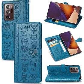 Resim Yihang Boutique Durumda Samsung Galaxy Not 20 Ultra Çevirme Cüzdan Kabartmalı Kapak Etui Housse Kedi Köpek Deseni - Mavi (Yurt Dışından) 