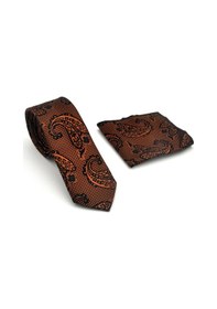 Resim Gaffy Açık Kahverengi Şal Desenli Siyah Dokuma Kumaş Mendilli Slim Fit Kravat // Sdk-2606-1 Siyah 