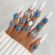 Resim 12 Parça Kadınlar İçin Bohem Turkuaz Mavi ve Şeffaf Benzeri Boncuklu Katmanlı Aksesuar Yüzük Seti - Türk İlhamlı Boho Takı Koleksiyonu, Lapis Lazuli Desenli Doğal Taş & Oval/Taç/Daire/Hilal Çıkartmalar Günlük Giyim, Partiler, Tatiller, Çoklayan Yüzükler (Kaplamasız, Her Mevsim Kullanım) - Çok Renk Seçeneği ile Vintage Bohemya Tarzı 