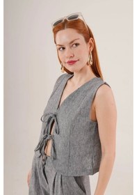 Resim Defymoda Ön Bağlama Detaylı Yelek Ve Pantolon Antrasit İkili Takım Siyah 