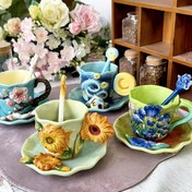 Resim 1 SET El Boyalı Seramik Van Gogh Yağlı Boya Bardak ve Tabak Seti - 3D Güneş Çiçekleri, İrisler ve Yıldızlı Gökyüzü Tasarımı, 1 adet Yuvarlak Tabak ve 1 adet Kaşık İçerir, Zarif Masa Dekoru, Noel, Sevgililer Günü, Anneler Günü Hediyeleri İçin İdeal, 180ml/6oz Kapasite, Seramik, Kaymaz Özellik, Aile Kullanımı İçin Mükemmel, Tatil Masa Düzeni | Yıldızlı Gökyüzü Teması | El Boyalı Sanatı, Kahve Bardağı 