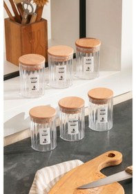 Resim 6 Lı Baharatlık Seti - Vakumlu Ahşap Kapak 450 Ml Şeffaf Akrilik Cam Değildir Etiketli Çok Renkli 