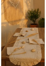 Resim Fırfırlı Masa Runner 145x40 Cm Şık Dekoratif Masa Örtüsü Krem 