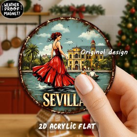 Resim 1 Adet İspanyol Temalı Sevilla Flamenko & Plaza de España Mıknatıs - 3.15 İnç Yuvarlak Akrilik Buzdolabı Mıknatısı, İkonik İspanyol Mimarisi, Çingene Dans Kadın ve Seyahat Hatırası ile Noel Hediyeleri, Kültür Meraklıları İçin, 2D Düz 