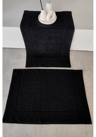 Resim 2'li Diyagonal Çizgili Ayak Havlusu Seti - %100 Pamuk Havlu Takımı - 50x70 Cm Sıyah Siyah 