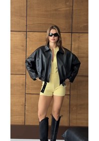 Resim Prifaldi Oversize Bomber Deri Ceket Siyah 