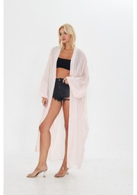 Resim Kutaf Pudra Pembe Uzun Soft Kimono Açık Kahverengi 