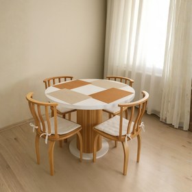 Resim 4 Kişilik İtalyan Beyaz Renkli Sandalye Setli Yuvarlak Yemek Masası, Bohem Stil (4 Sandalye Dahil) 