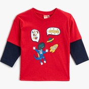 Resim Erkek Bebek Astronot Dinozor Baskılı Tişört Uzun Kollu Pamuklu 