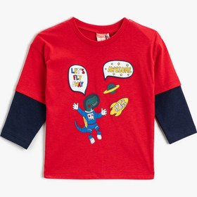 Resim Erkek Bebek Astronot Dinozor Baskılı Tişört Uzun Kollu Pamuklu 