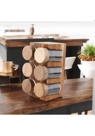 Resim Mien 6 Lı Akasya Kapaklı Ve Akasya Standlı Baharatlık Seti Bej 