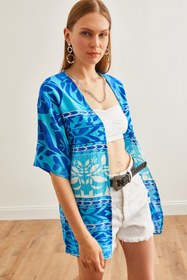 Resim Olalook Kadın Mavi Desenli Dokuma Viskon Kimono KMN-00000065 