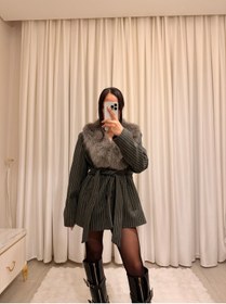Resim Labien Butik Caty Gri Yakası Kürklü Çizgili Kaşe Kaban 