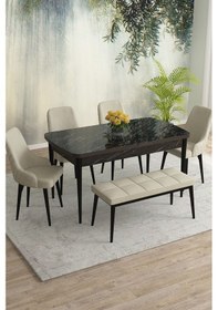 Resim Meri Serisi 80x132 Açılabilir Mdf Siyah Mermer Desen Masa Takımı 4 Siyah Sandalye 1 Bench Krem 