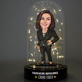 Resim Takım Elbiseli Kadın Karikatürlü Işıklı Fanus Biblo 