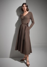 Resim Belden Bağlamalı Kahverengi Anvelop Kumaş Etek 