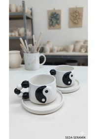 Resim El Yapımı Yın Yang Temalı Duble 2 Parçalı 2 Kişilik Seramik Kahve Fincanı Takımı 200 Ml. Beyaz - Siyah 