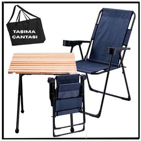 Resim Lacivert -130 Kg Taşıma 2 Adet Katlanır Kamp Sandalyesi Ve Masa Seti Taşıma Çantalı - Lacivert 