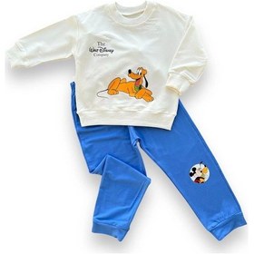 Resim 6-9-12-18 Ay Köpek Baskılı Pamuk Penye Kumaş Erkek Bebek Takımı Mavi Mavi 