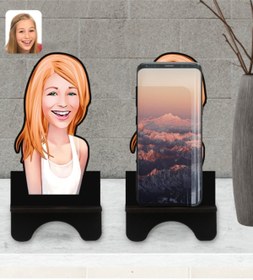 Resim Bk Gift Kişiye Özel Kadın Karikatürlü Ahşap Biblo Telefon Standı-37 
