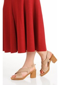 Resim Çapraz Bantlı Kalın Topuklu Bej Kadın Sandalet Bej 