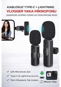 Resim Kablosuz Yaka Mikrofonu Type-c Lightning Uyumlu Vlogger Mikrofon İphone Android Uyumlu Set 