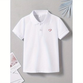 Resim Kızlar İçin Yazlık Kısa Kollu Kalp Desenli Gömlek, Günlük Dış Mekan Aktiviteleri ve Okula Dönüş Sezonuna Uygun 