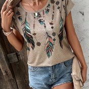Resim Kadınların Yazlık Örgü Üstü, Rahat Yuvarlak Yaka T-Shirt, Dolaşık Kesim Dürüklü Omuzlar, Polyester %95 Elastik %5, Düzenli Uzunluk, Tüm Mevsimler İçin Giyim, 180g/m² Örgü Kumaş 