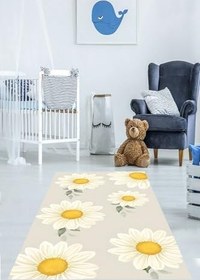 Resim Pelangi Minimal Tarz Beyaz Sarı Papatyalar Yıkanabilir Kaymaz Taban Leke Tutmaz Çocuk Odası Halısı, Sarı-Beyaz 60 x 200 