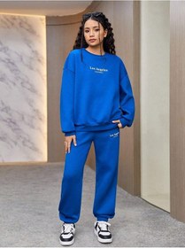 Resim Unisex Los Angeles California Eşofman Takımı Sweatshirt Jogger Sax Mavi Baskılı Oversize Yaka Saks Mavi 