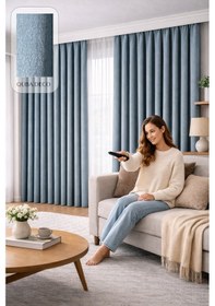 Resim Balıksırtı Dokulu Premium Jakar Fon Perde Salon Oturma Odası Yatak Odası Çocuk Odası Mavi 