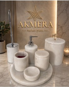 Resim Akmera Elite 7 Parça %100 Gerçek Mermer Banyo Seti Beyaz - Gri 