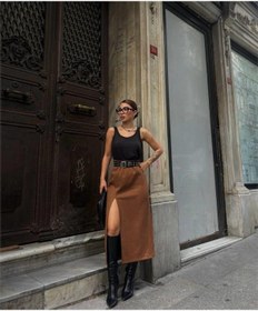 Resim Süet Kalem Etek Yırtmaç Detaylı - Taba Taba 