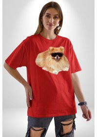 Resim Pomernian Köpek Pamuklu Bisiklet Yaka Unisex Oversize Boyfriend Dijital Baskılı Kırmızı T-shirt Kırmızı 