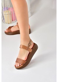 Resim Fox Shoes Taba Hakiki Deri Örgü Modelli Günlük Kadın Sandalet 
