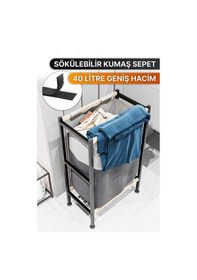 Resim Bino Ahşap Raflı Keten Kumaşlı Banyo Düzenleyici Çamaşır Sepeti Siyah 