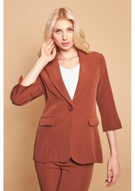 Resim Yakalı Tek Düğmeli Kapri Kollu Kolu Yırtmaçlı Hafif Likralı Kumaş Blazer Ofis Ceket-koyu Taba K.taba 