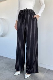 Resim Kadın Bel Lastikli Bağcıklı Bol Paça Pantolon Siyah TZL-P-00020736 