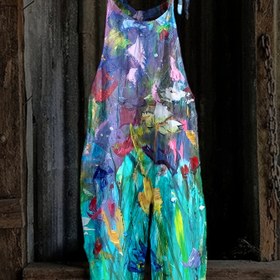Resim Kadınlar için Renkli Soyut Baskılı Tulum - Canlı Bağcıklı Omuz Polyester Tulum Cepli, Makinede Yıkanabilir, Tatil için Mükemmel 