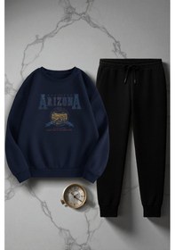 Resim Uyguntarz Unisex Arizona Tasarım Basklı Bisiklet Yaka Sweatshirt - 2'li Eşofman Takımı Lacivert 