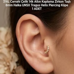 Resim 316L Cerrahi Çelik Altın Kaplama Tragus Helix Küpe Piercing Kararmaz Alerji Yapmaz Zirkon Taşlı Halka Küpe 8 mm Unisex 1 Adet Tekli Küpe Kadın Erkek Uyumlu Kıkırdak Cartilage Piercing 