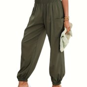 Resim Kadınlar için Zeytin Yeşili Yüksek Bel Cepli Jogger Pantolon - Günlük Polyester Karışımı, Esnek Manşetler, Bahar/Yaz İçin Rahat ve Şık 